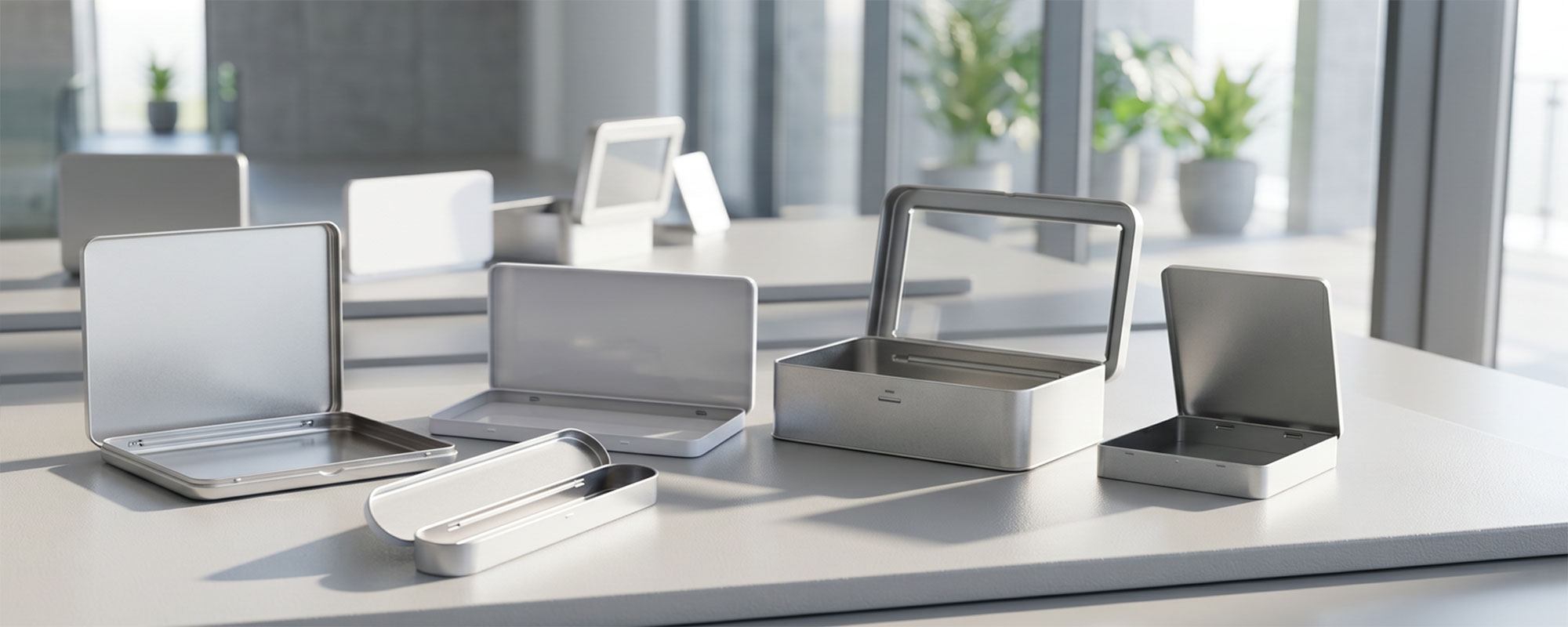 Sammlung offener silberner Metalldosen mit Scharnierdeckel in verschiedenen Größen auf moderner Oberfläche; minimalistische Produktaufnahme mit Fokus auf Design, Formen und Material.