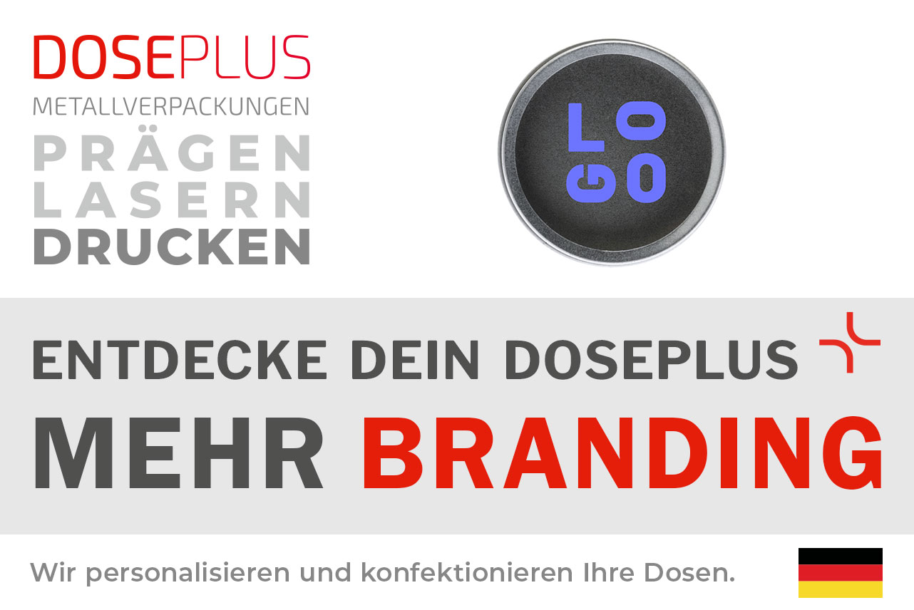 Doseplus runde Schraubdeckeldose mit Sichtfenster – Bannertext: Entdecke dein Doseplus, mehr Branding. Hochwertige Metalldose mit Druck, Gravur und Prägung für personalisierte Markenverpackungen.