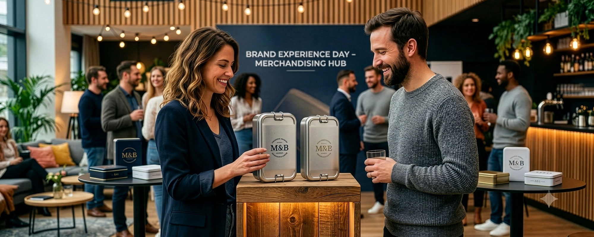 Metall­dosen als Werbeartikel für Firmen auf einem Produktdisplay; Besucher betrachten und besprechen die hochwertigen Dosen bei einem Branding-Event.
