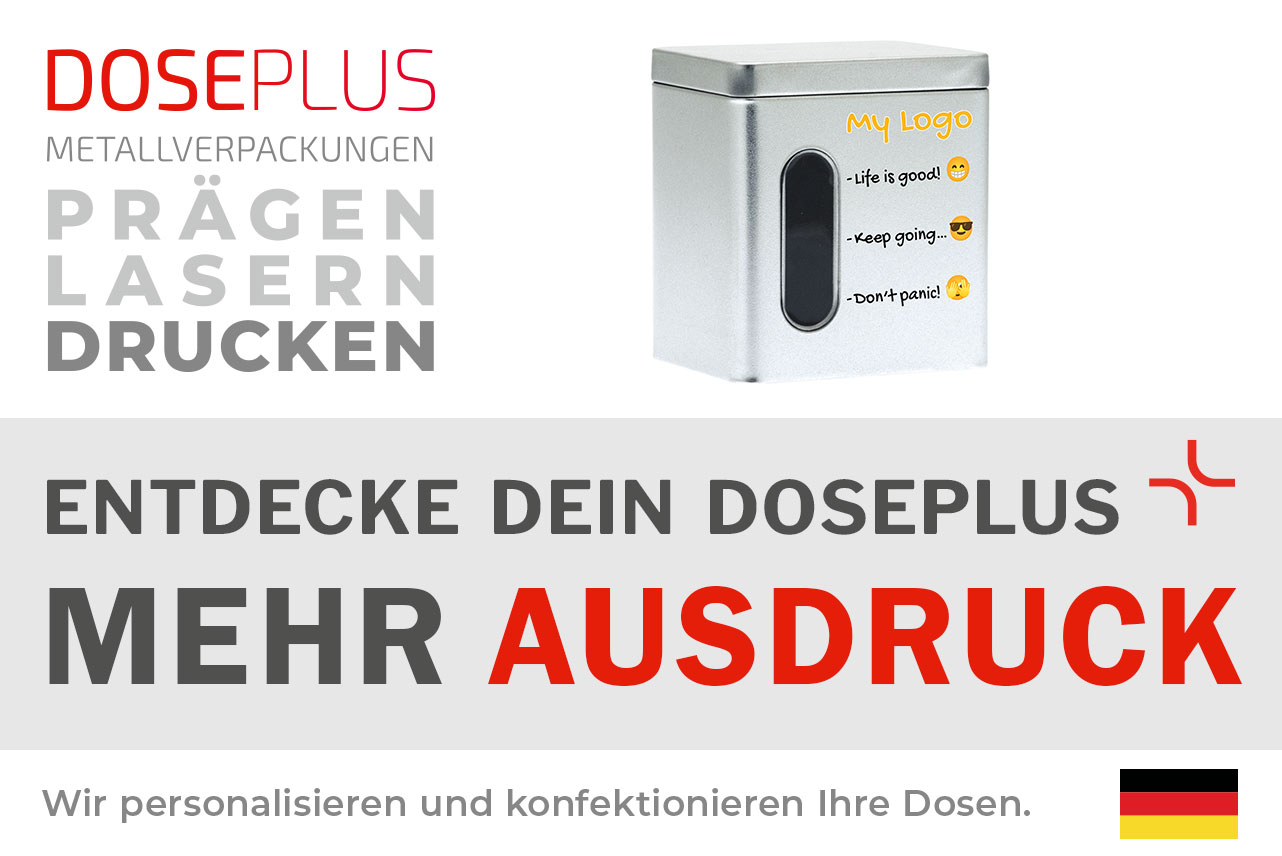 Rechteckige Weißblech-Vorratsdose DSA 010 mit Sichtfenster – Banner: Entdecke dein Doseplus – Mehr Ausdruck. Robuste Metalldose für maßgeschneiderte Veredelung und Branding.