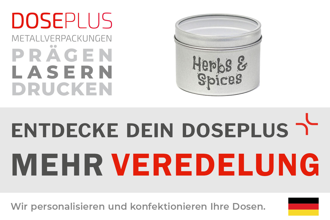 Doseplus Gewürzdose aus Metall mit Sichtfenster – Bannertext: Entdecke dein Doseplus, mehr Veredelung. Runde Kräuterdose mit Gravur und Druckoption für hochwertige Produktverpackungen.