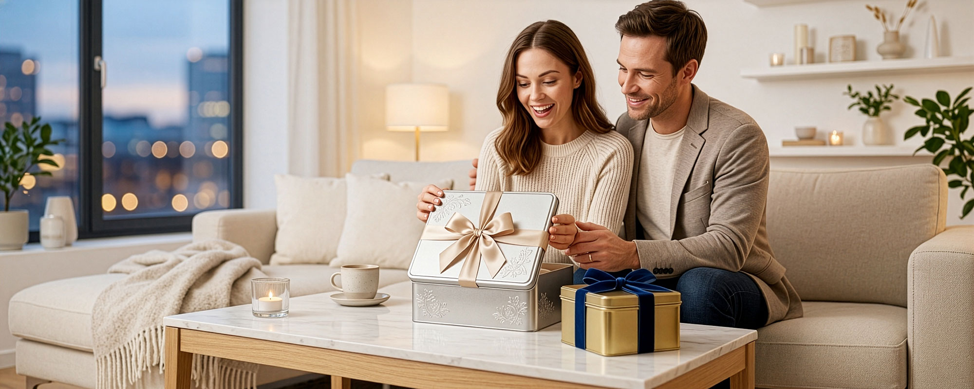Paar öffnet eine elegante silberne Metalldose als Geschenk auf einem Couchtisch; gemütliche Szene mit festlicher Verpackung und warmer Atmosphäre.