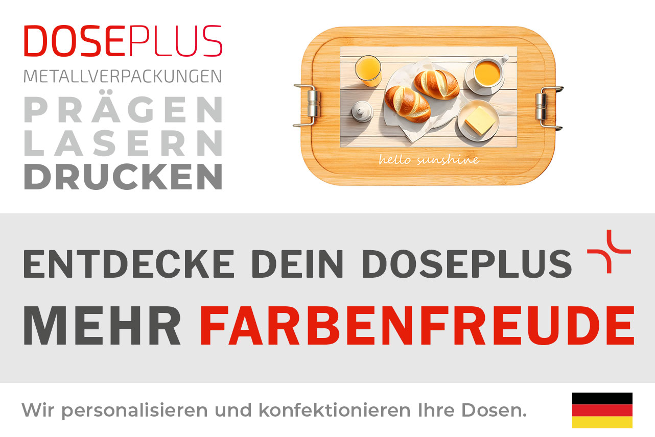 Edelstahl-Lunchbox CP BA C1 mit Bambusdeckel – Banner: Entdecke dein Doseplus – Mehr Farbenfreude. Robuste Lunchbox mit farbenfroher Optik, ideal für Branding & Gravur.