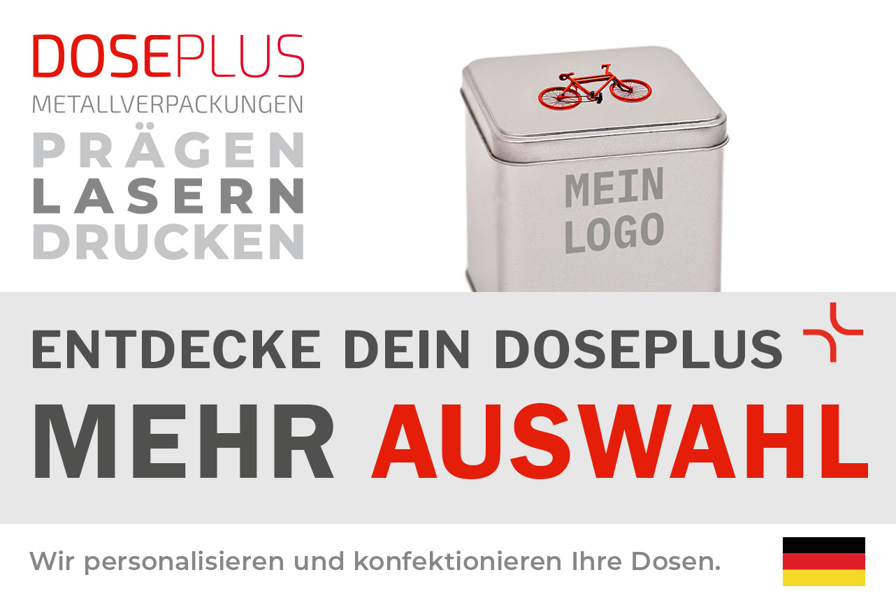 Doseplus silberne rechteckige Metalldose mit rotem Fahrradmotiv auf dem Deckel und grauer Aufschrift „Mein Logo“. Text: „Metallverpackungen prägen, lasern, drucken – Entdecke dein Doseplus, mehr Auswahl“.