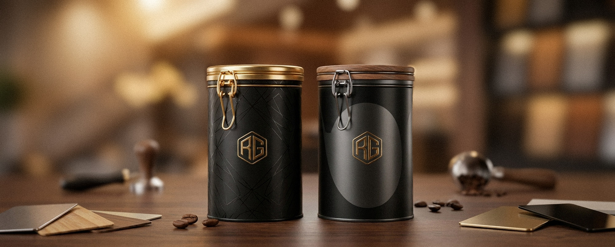 Zwei schwarze zylindrische Metalldosen mit goldenen Details, Holzdeckel und RG-Emblem auf Holztisch; edle Produktaufnahme mit Kaffeebohnen und Barista-Zubehör.