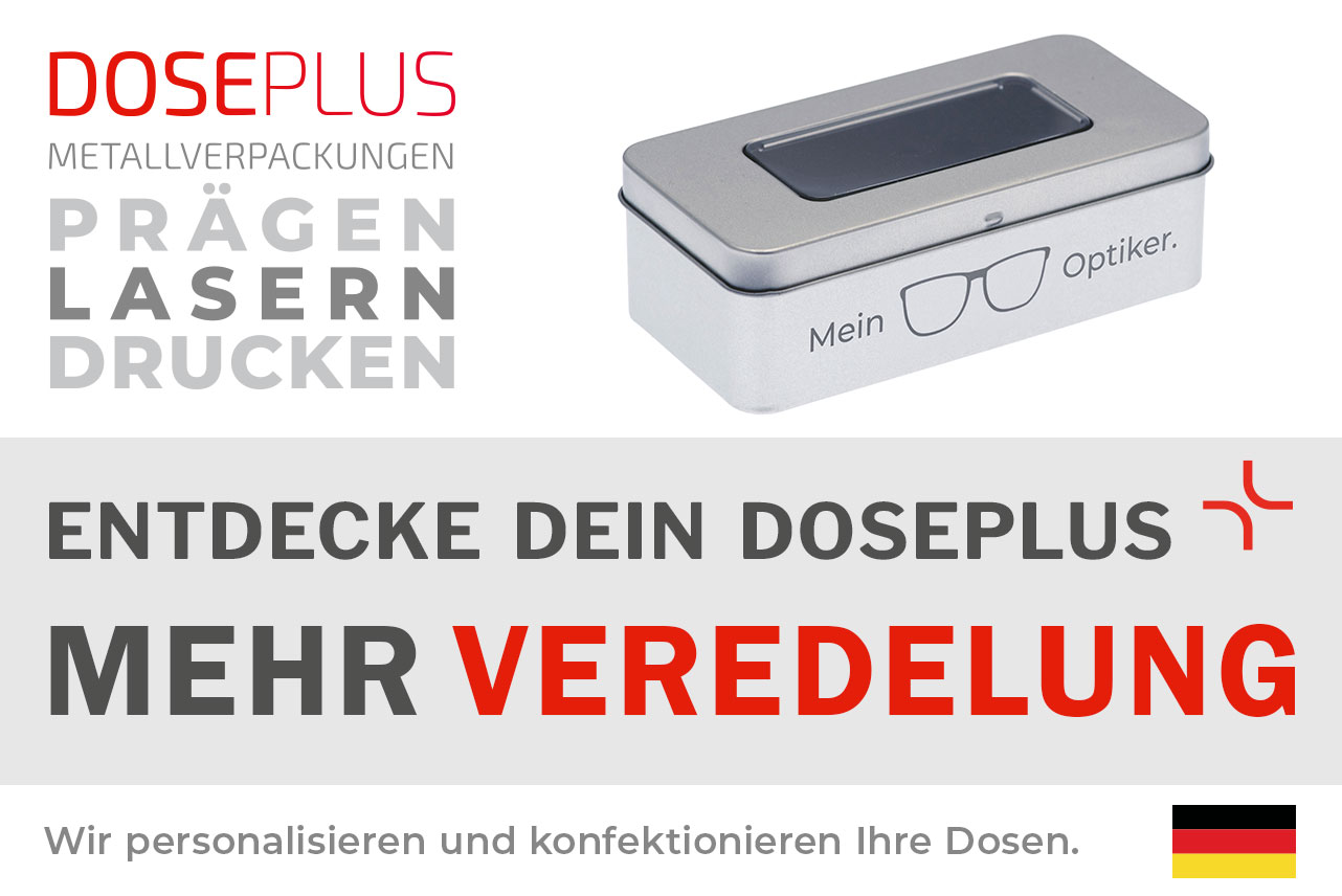 Doseplus silberne rechteckige Metalldose mit Sichtfenster und Lasergravur eines Brillensymbols sowie Schriftzug „Mein Optiker“. Text: „Metallverpackungen prägen, lasern, drucken – Entdecke dein Doseplus, mehr Veredelung“.