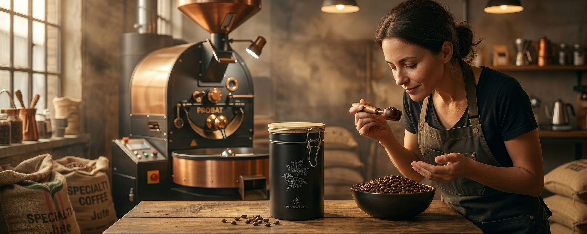 Kaffeerösterin prüft das Aroma frisch gerösteter Kaffeebohnen neben einer Vorratsdose mit Holzdeckel; professionelle Röstmaschine im Hintergrund.