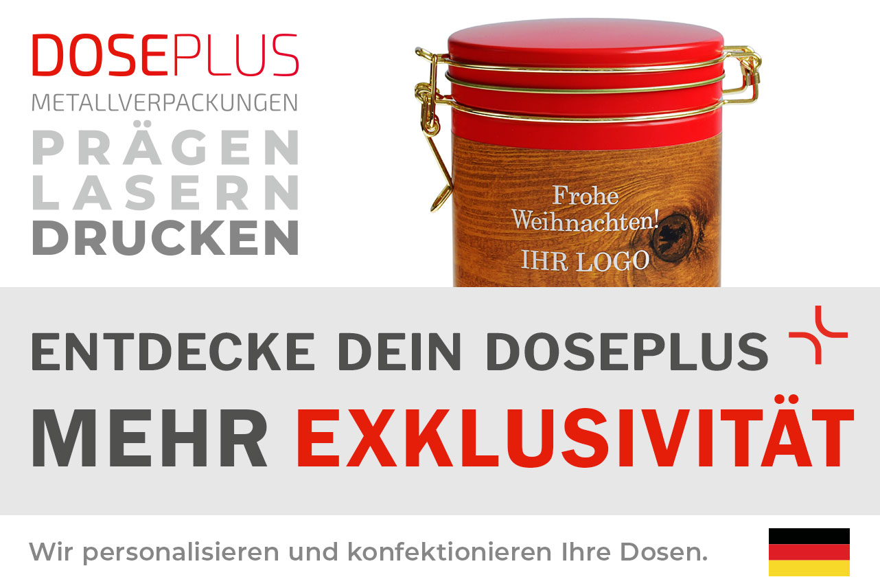 Doseplus Metallverpackung mit gelaserter Kamera-Illustration und Schriftzug „Photographers Box“. Text: „Metallverpackungen prägen, lasern, drucken – Entdecke dein Doseplus, mehr Eleganz“.