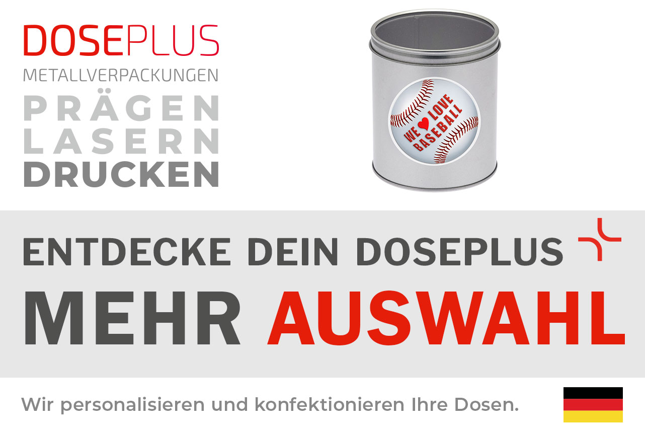 Doseplus runde Metalldose – Bannertext: Entdecke dein Doseplus, mehr Auswahl. Hochwertige Vorratsdose mit individuellem Aufkleberdesign für vielseitige Verpackungslösungen.