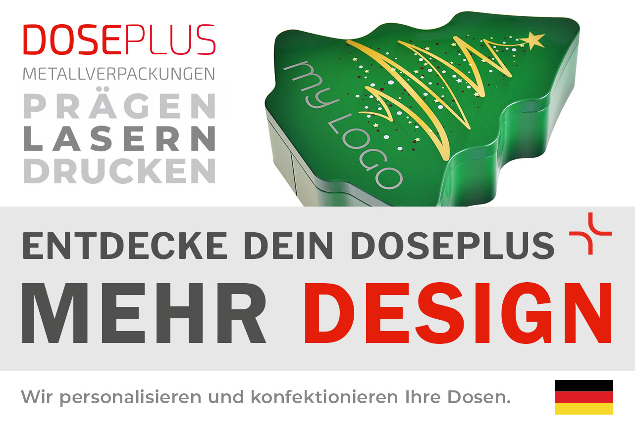 Grüne Weihnachtsbaum-Metalldose WD 050 mit Lasergravur von Doseplus – Bannertext: Entdecke dein Doseplus – Mehr Design. Festliche Keksdose in Tannenbaumform zur individuellen Produktveredelung.