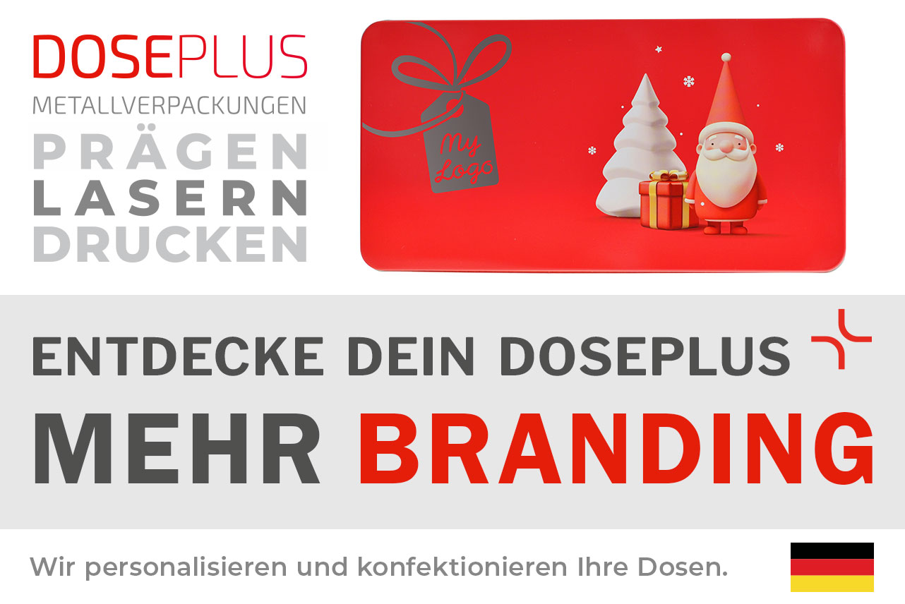 Rote Weihnachtsdose WD 030 mit Lasergravur und Wintermotiv. Bannertext: Entdecke dein Doseplus – mehr Branding. Metallverpackung für professionelle Firmen-Brandings durch Druck, Laser und Prägung.