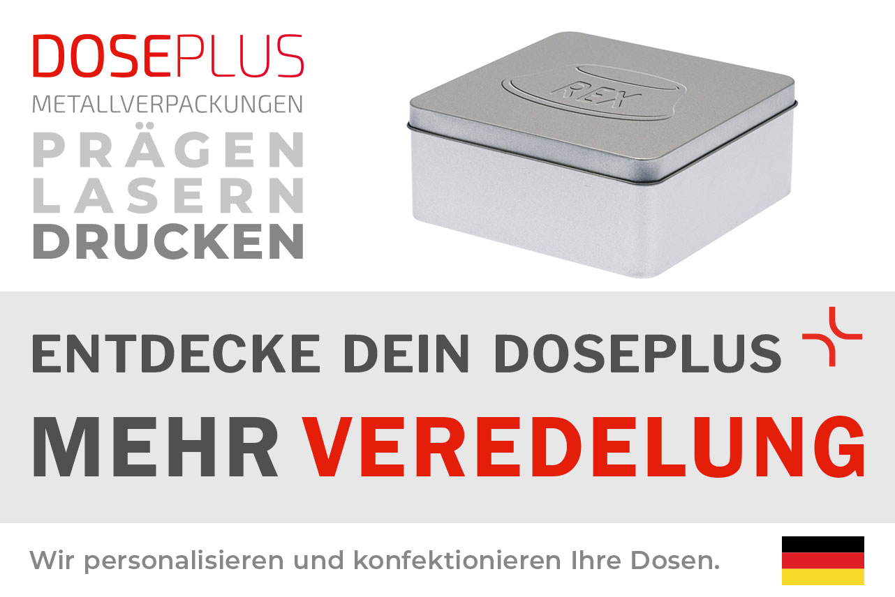 Doseplus quadratische Geschenkdose – Bannertext: Entdecke dein Doseplus, mehr Veredelung. Hochwertige Metalldose mit Gravur, Prägung und Druck für individuelle Markenauftritte.