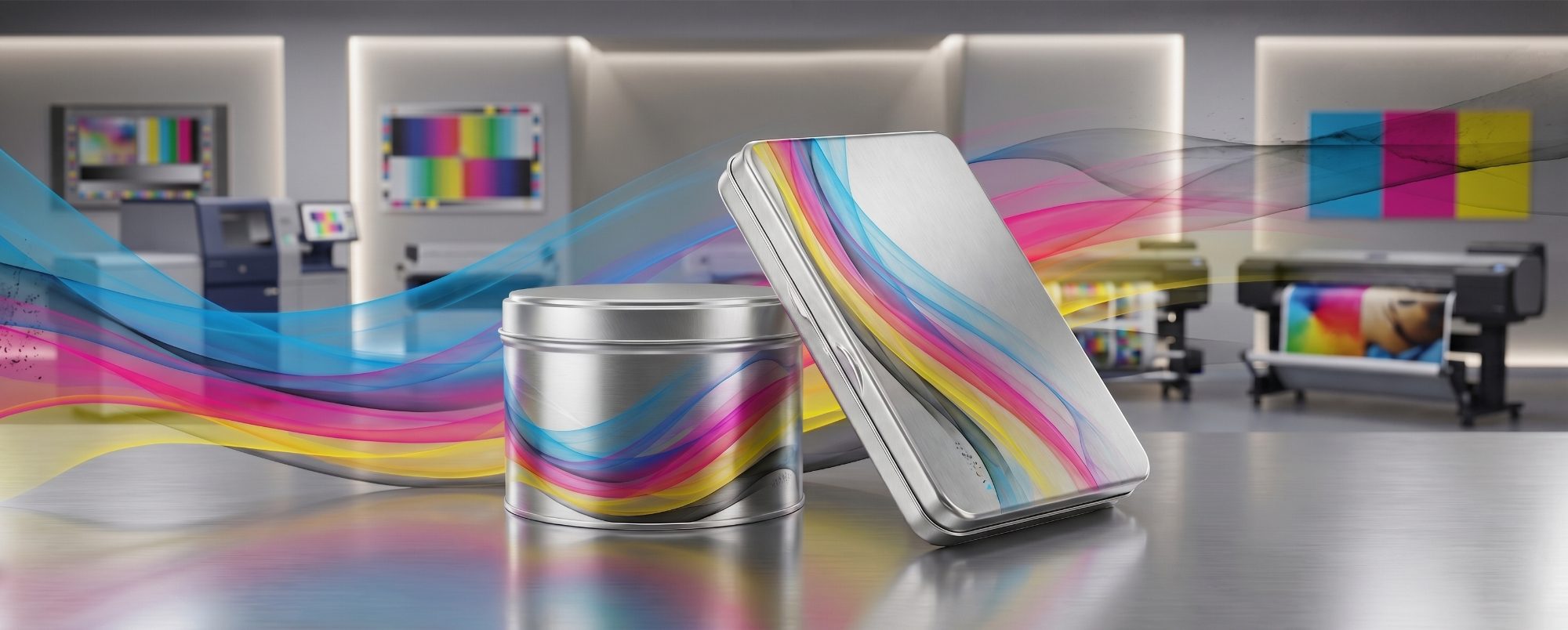 Zylindrische und rechteckige Metalldosen mit farbenfrohem CMYK-Druck in einer modernen Druckumgebung; hochwertige Verpackungen für individuelle Designs.