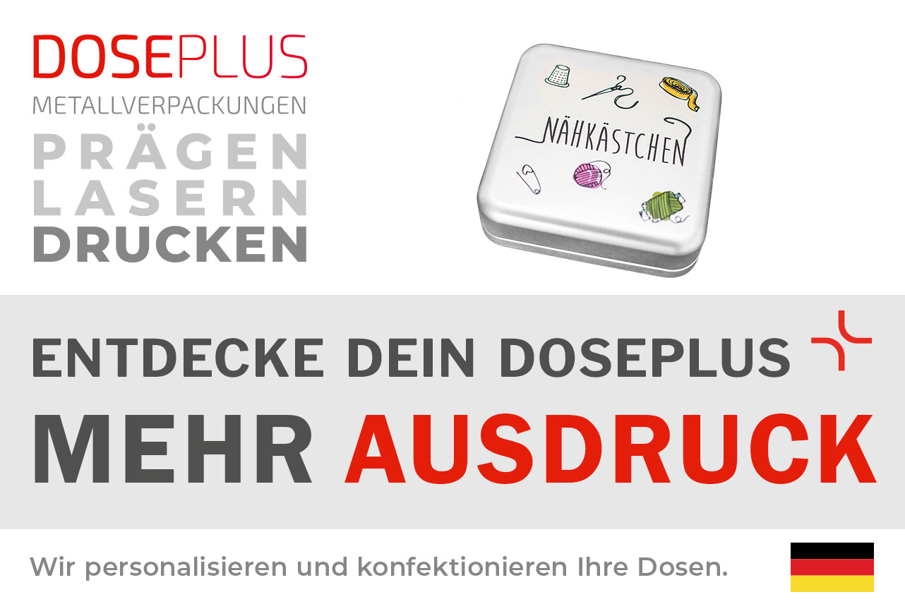 Doseplus quadratische Weißblechdose – Bannertext: Entdecke dein Doseplus, mehr Ausdruck. Personalisierte Metalldosen mit Prägung, Gravur und Druck.