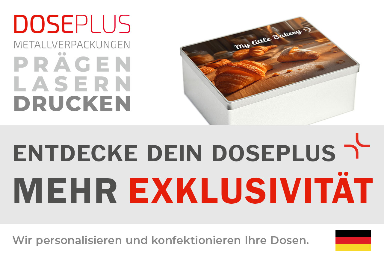 Doseplus silberne rechteckige Metalldose mit Digitaldruck-Motiv von Croissants und Schriftzug „My little Bakery“. Text: „Metallverpackungen prägen, lasern, drucken – Entdecke dein Doseplus, mehr Exklusivität“.