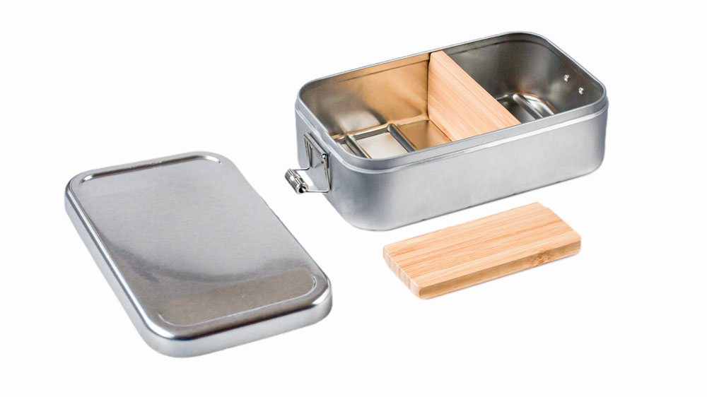 Set aus Bambus-Trennstegen und Lunchbox aus Metall mit Unterteilung