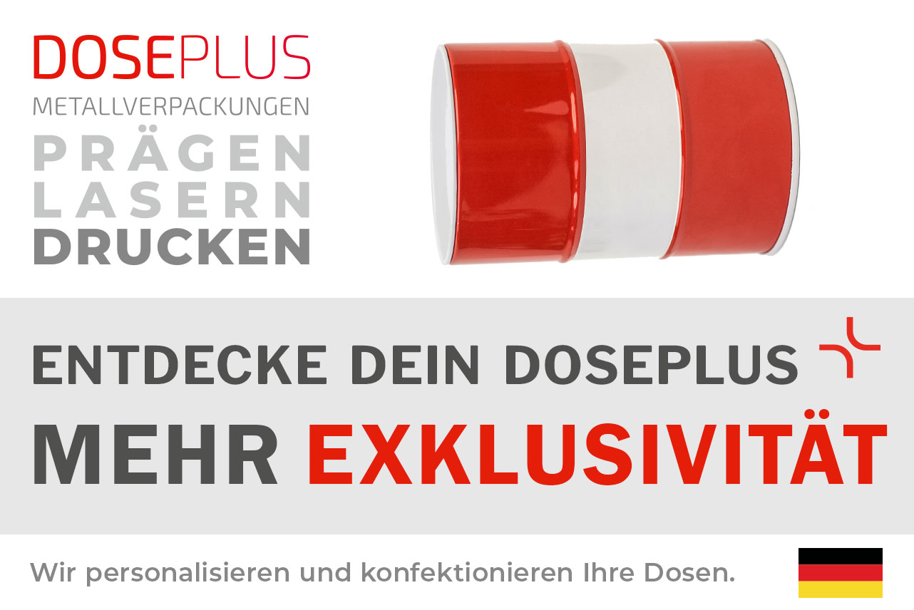 Doseplus runde Metalldose in Rot und Weiß mit glänzender Oberfläche, im exklusiven Design. Text: „Metallverpackungen prägen, lasern, drucken – Entdecke dein Doseplus, mehr Exklusivität“.