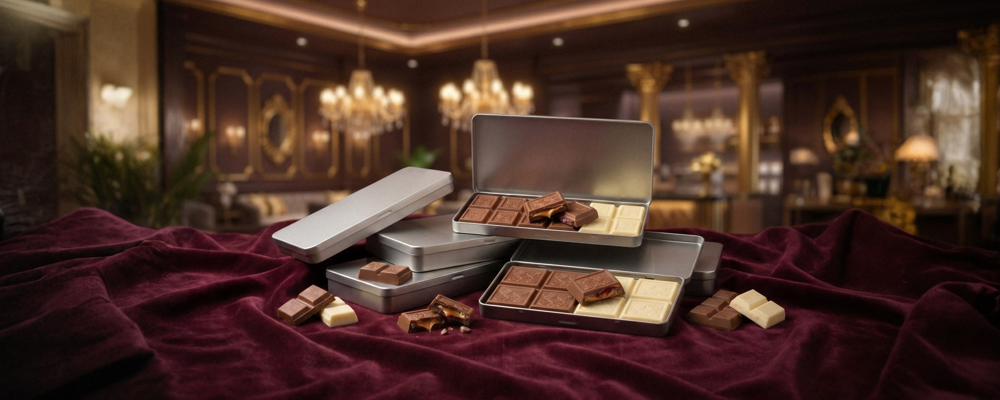 Opulente Stillleben-Produktaufnahme mit rotem Samtstoff, darauf silberne Schokoladendosen, teils geöffnet mit Schokolade. Luxuriöse Präsentation von Gourmet-Schokolade