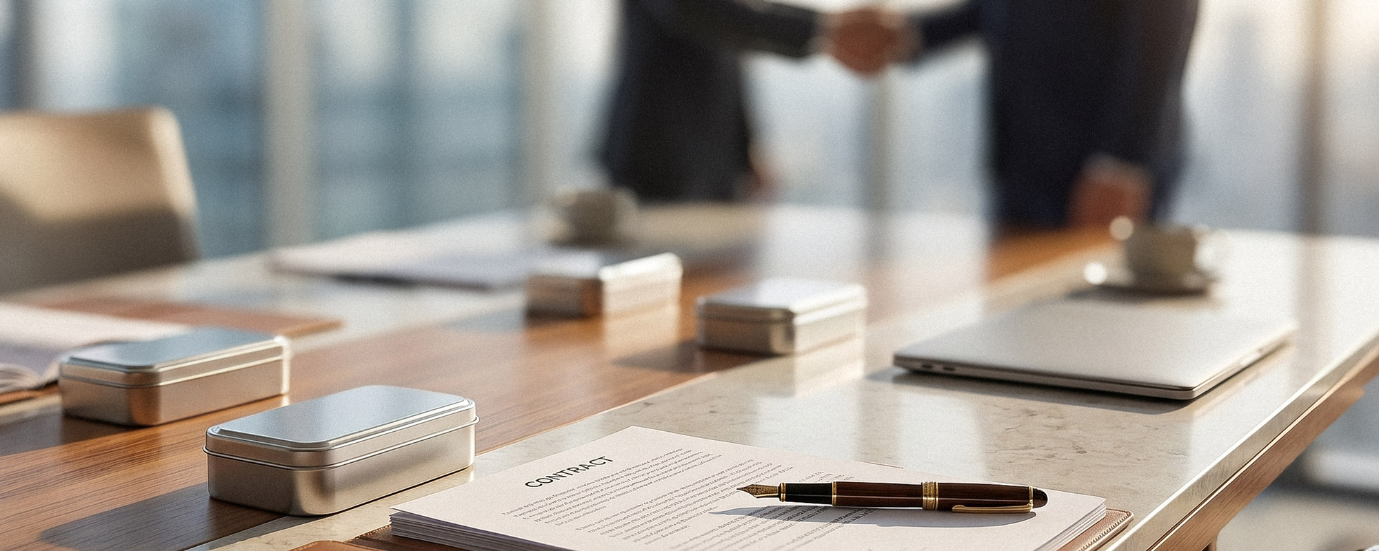 Vertragsunterzeichnung im Besprechungsraum mit Dokumenten, Füllfederhalter und Metalldosen auf dem Konferenztisch; professionelle Business-Szene.