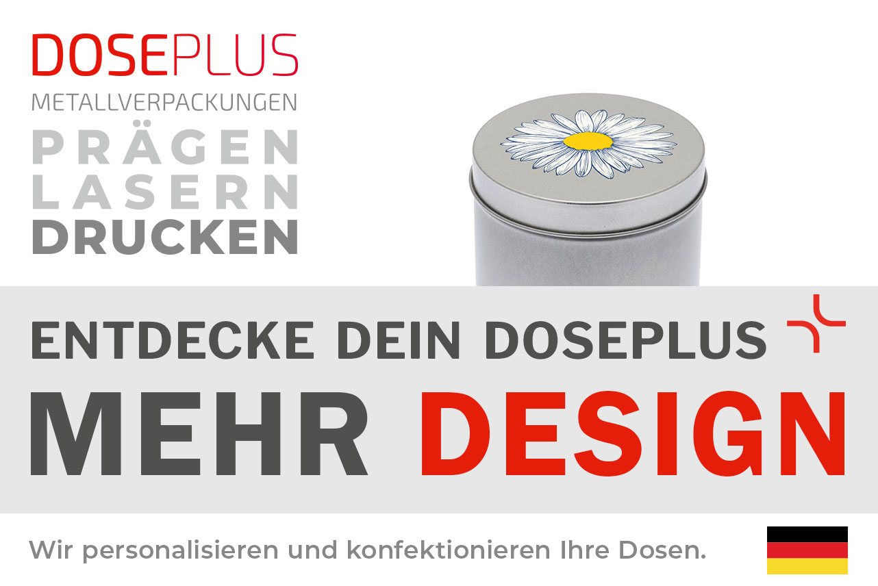 Doseplus runde silberne Metalldose mit farbigem Druck einer weißen Margerite auf dem Deckel. Text: „Metallverpackungen prägen, lasern, drucken – Entdecke dein Doseplus, mehr Design“.