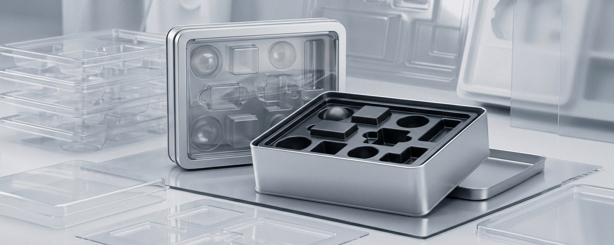 Offene silberne Metalldose mit schwarzem Einsatz und geformten Fächern für Produkte; moderne Produktaufnahme mit weiteren Verpackungselementen und transparenten Trays.