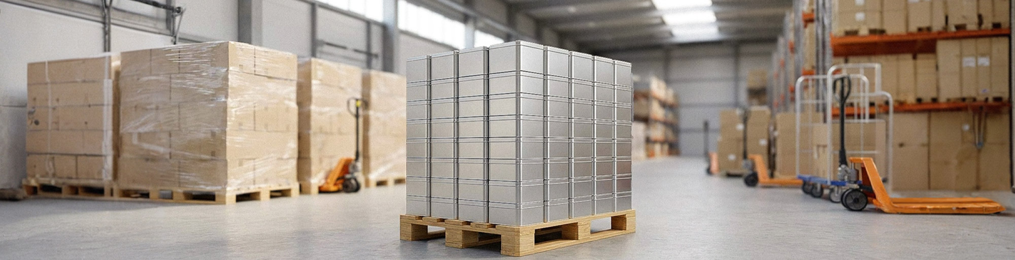 Lagerhalle mit Paletten, gestapelten silbernen Metallboxen und Logistikgeräten zwischen Regalen mit Kartonware.