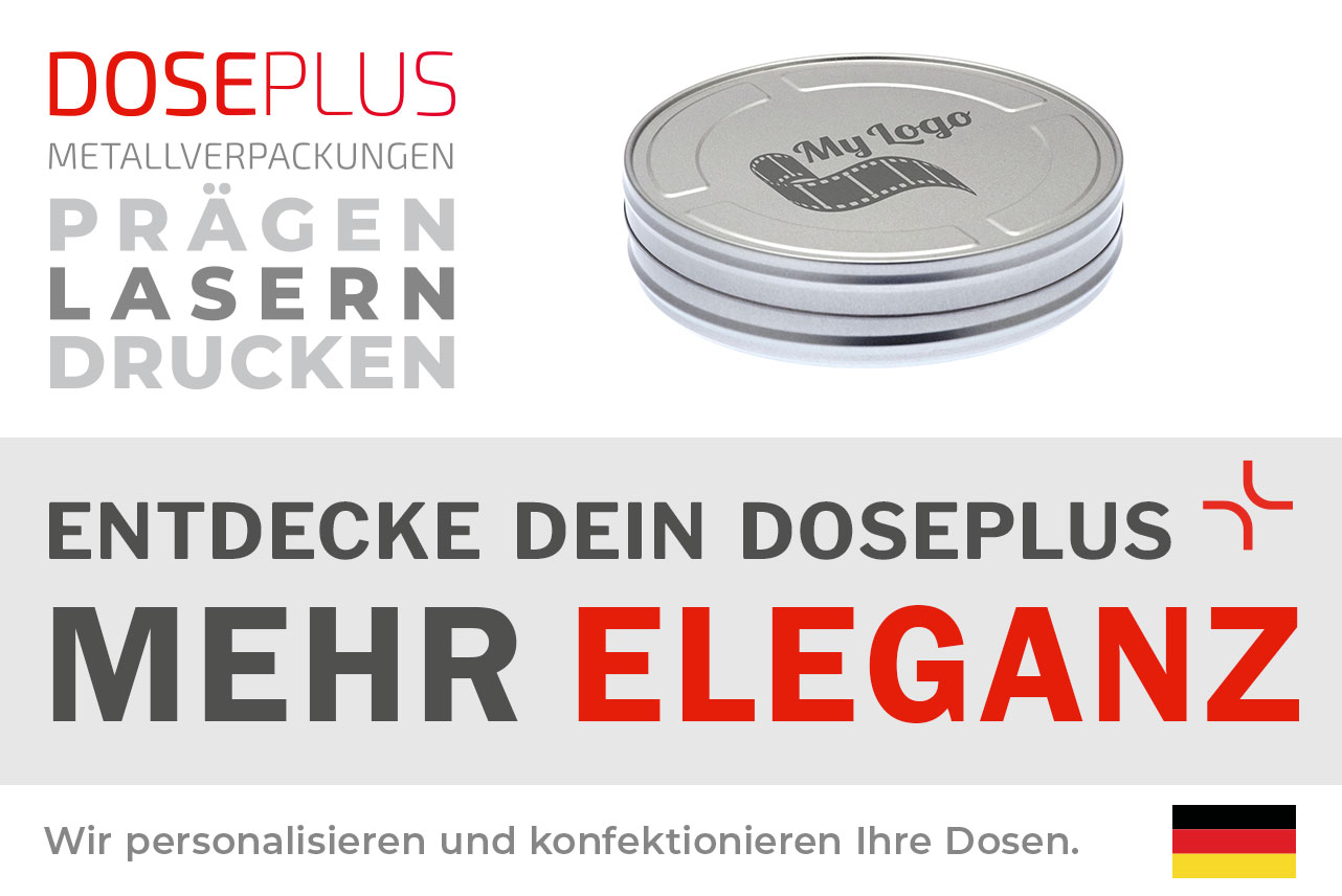 Runde Filmdose FD 015 von Doseplus in Silber – Bannertext: „Entdecke dein Doseplus – mehr Eleganz“. Hinweis auf Druck, Gravur und Prägung als verfügbare Veredelungen.