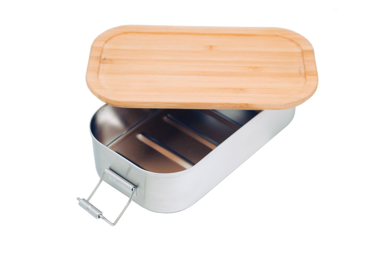 Geöffnete Lunchbox Edelstahl 600ml mit Bambusdeckel – vielseitig für B2B, B2C und Wiederverkäufer