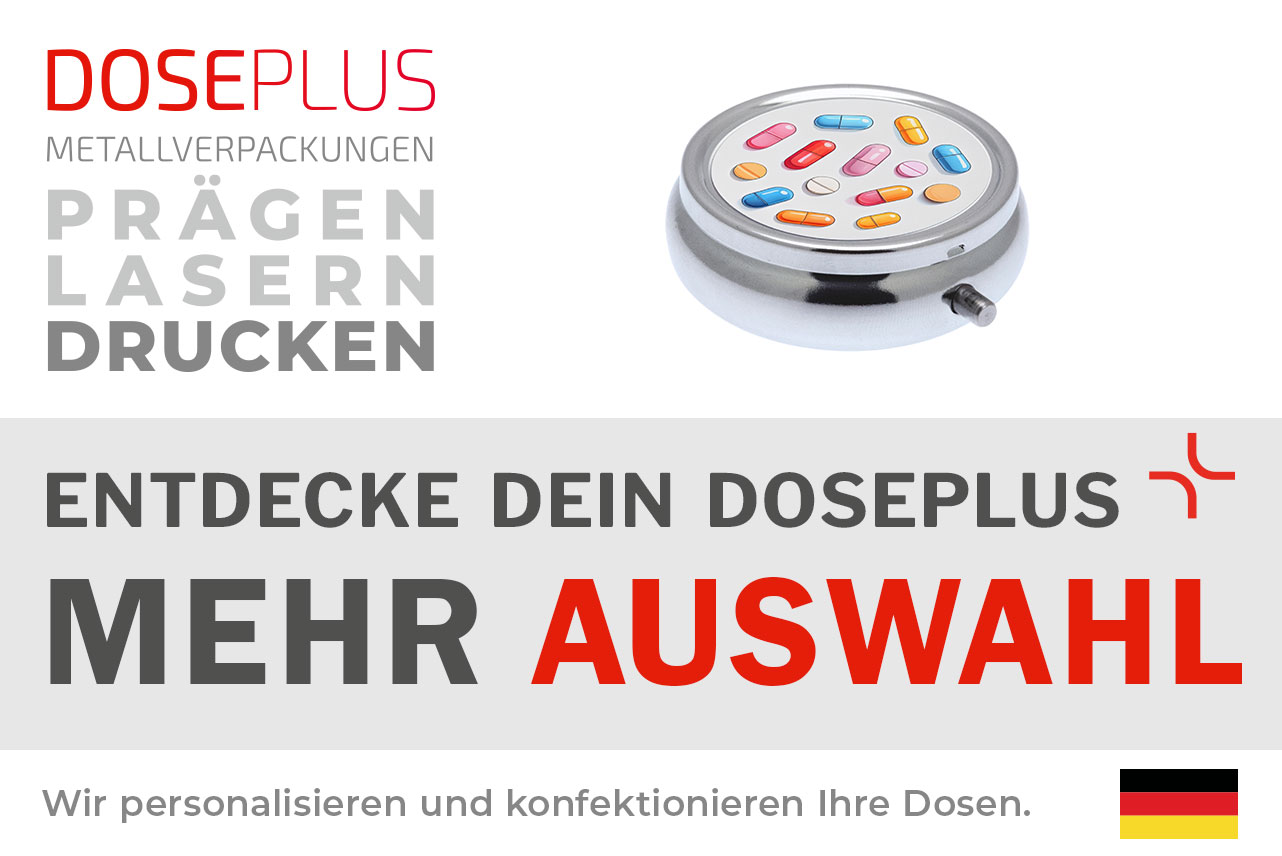 Doseplus Pillendose aus Metall – Bannertext: Entdecke dein Doseplus, mehr Auswahl. Runde, glänzende Pillendose mit individuellem Druck für personalisierte Geschenk- und Werbeartikel.