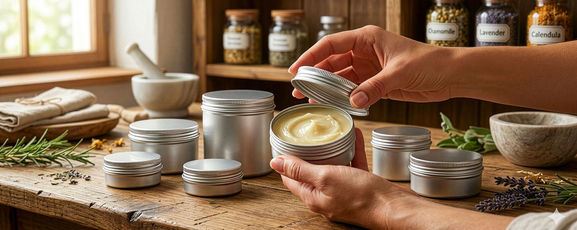 Hände öffnen silberne Kosmetikdose mit cremig-gelbem Pflegeprodukt auf rustikalem Holztisch; umgeben von Kräutergläsern (Kamille, Lavendel, Ringelblume), Mörser sowie getrockneten Blumen und Kräutern.
