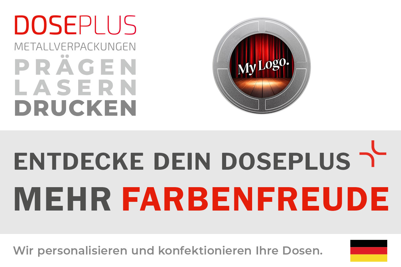 Filmdose FD 010 von Doseplus mit winterlichem Motiv; Banner mit dem Text „Entdecke dein Doseplus – mehr Farbenfreude“ und Hinweis auf Personalisierung durch Druck, Gravur und Prägung.