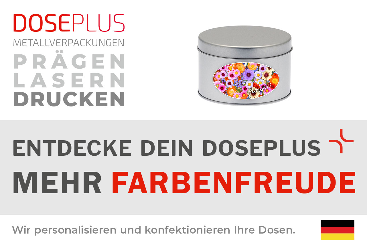 Doseplus runde silberne Metalldose mit farbenfrohem Blumen-Aufkleber und dem Schriftzug „flowers“. Text: „Metallverpackungen prägen, lasern, drucken – Entdecke dein Doseplus, mehr Farbenfreude“.