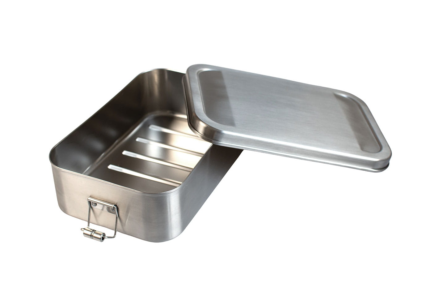 Hochwertige Lunchbox aus Edelstahl mit praktischem Verschluss für die Aufbewahrung und den Transport von Mahlzeiten.