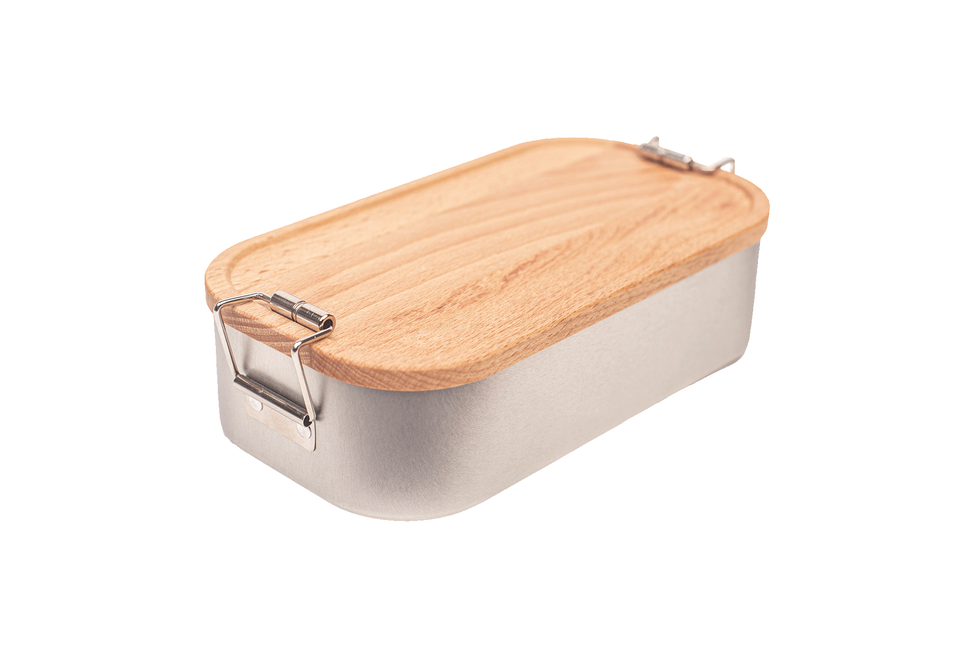 Geschlossene rechteckige Lunchbox aus silberfarbenem Edelstahl mit aufgesetztem Buchenholzdeckel und seitlichen Metallclips, neutraler Hintergrund.