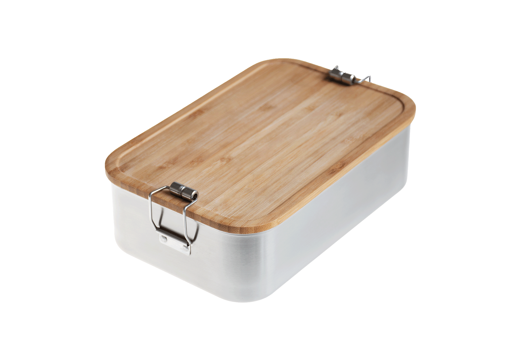 Lunchbox aus Edelstahl mit natürlichem Bambusdeckel und zwei praktischen Klappverschlüssen auf weißem Hintergrund.