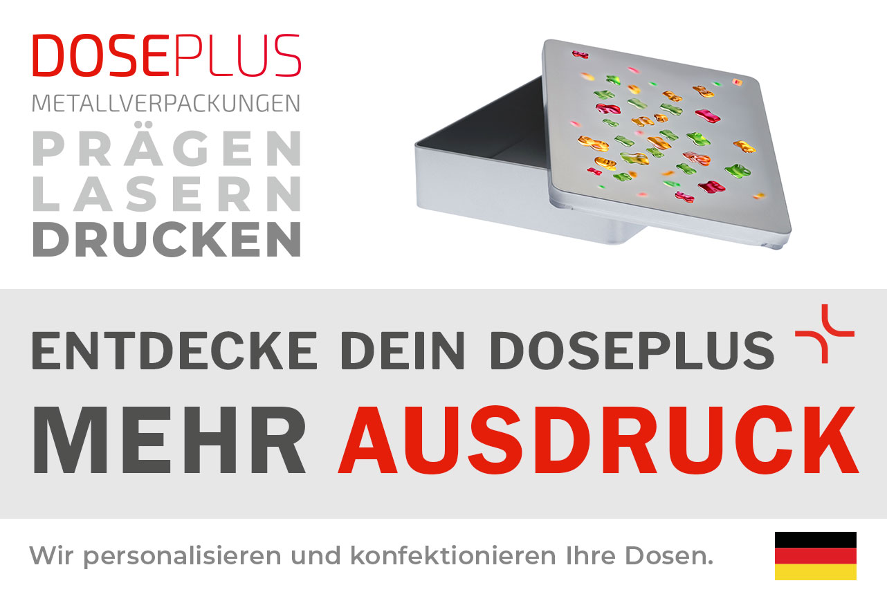 Doseplus eckige Geschenkdose – Bannertext: Entdecke dein Doseplus, mehr Ausdruck. Hochwertige Metalldose mit individuellem Druck für kreative Produkt- und Geschenkverpackungen.