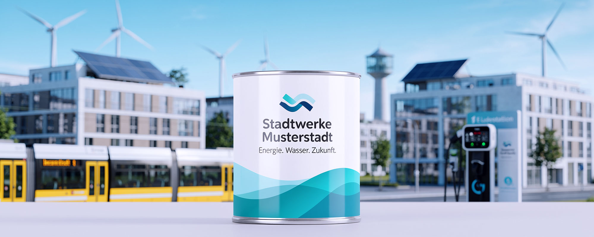 Futuristische Stadt mit Straßenbahn und E-Auto-Ladestation; im Vordergrund eine zylindrische Dose mit „Stadtwerke Musterstadt“ Design, urbane Infrastruktur und moderne Mobilität.