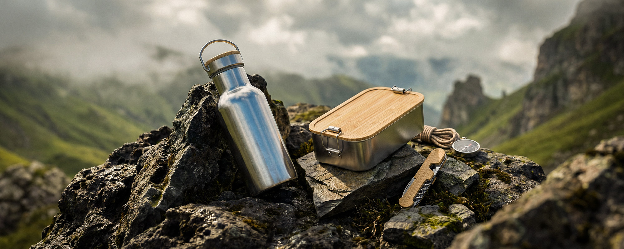 Outdoor-Szene in den Bergen: Metalldose, Trinkflasche, Multitool und Ausrüstung auf einem Felsen; im Hintergrund eine weite, neblige Berglandschaft.