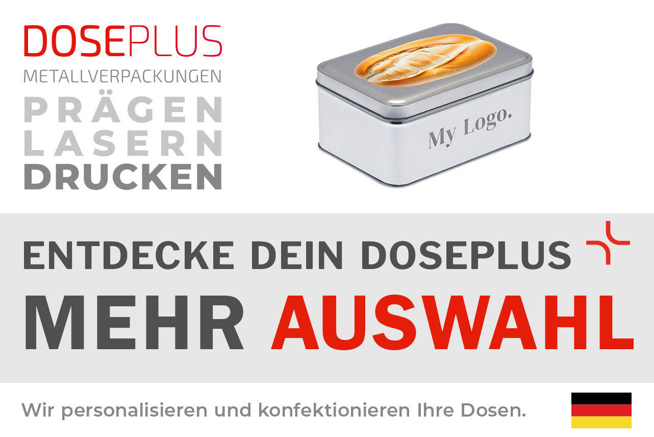 Eckige Blechdose Doseplus DSE 125.87 – Banner: Entdecke dein Doseplus, mehr Auswahl. Hochwertige Metallverpackung für Produkte, Geschenke oder Vorräte.
