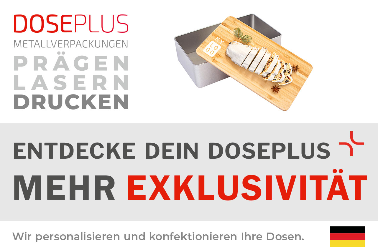 Rechteckige Stollendose DSE 031 von Doseplus mit Bambusdeckel – Banner: Entdecke dein Doseplus, mehr Exklusivität. Premium Vorratsdose aus Metall und Bambus.