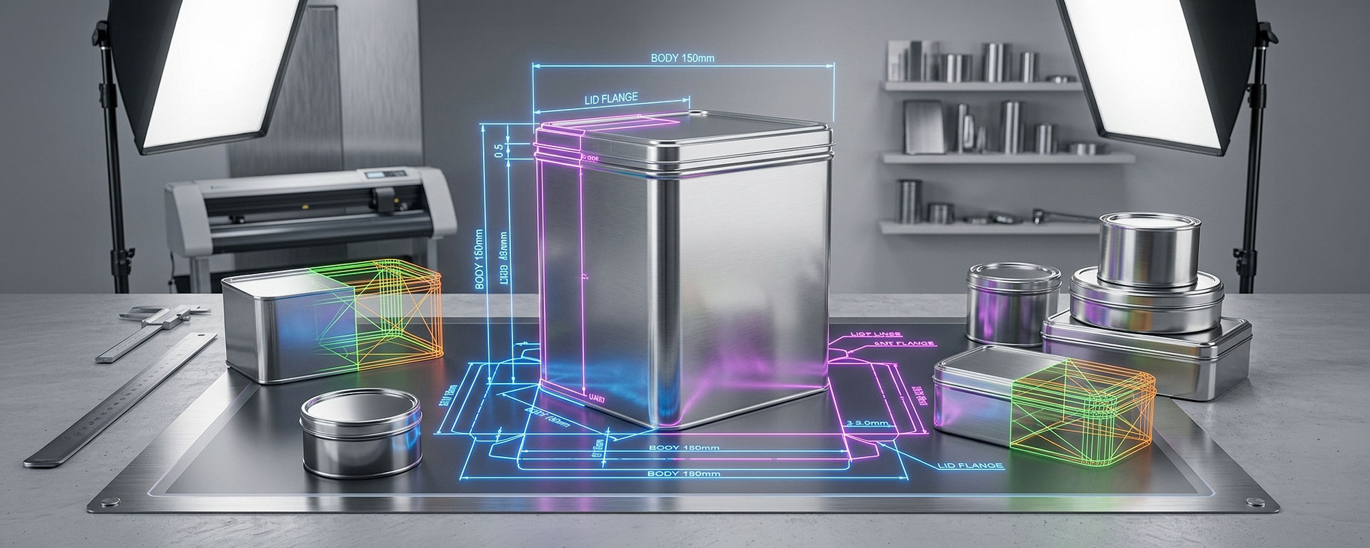 Metall-Dosen mit digitalen Stanzkonturen und technischen Konstruktionszeichnungen; Visualisierung der Verpackungsentwicklung mit CAD-Daten und Präzisionsmaßen.