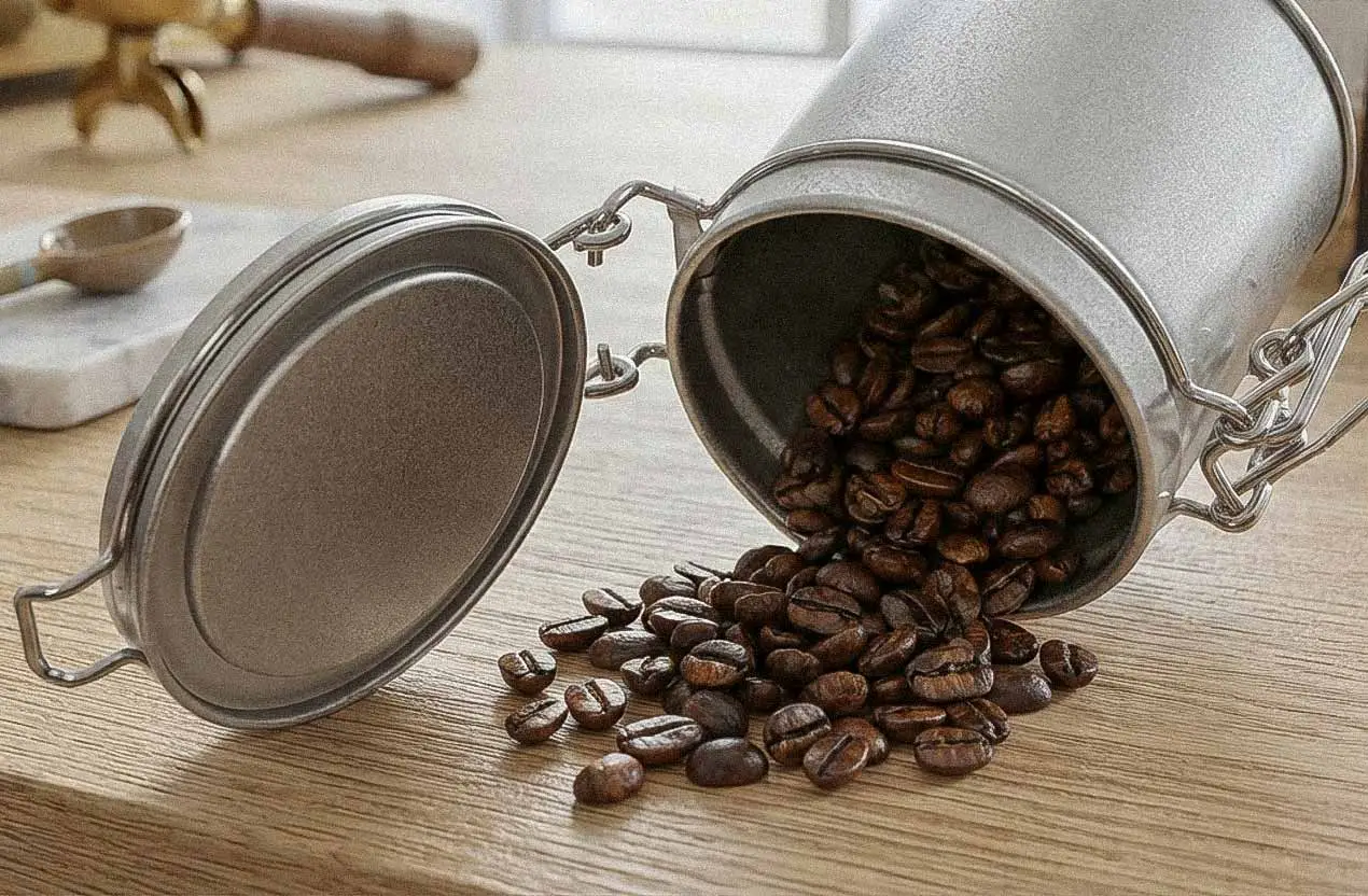 Runde silberne Metalldose mit Deckel, gefüllt mit Kaffeebohnen
