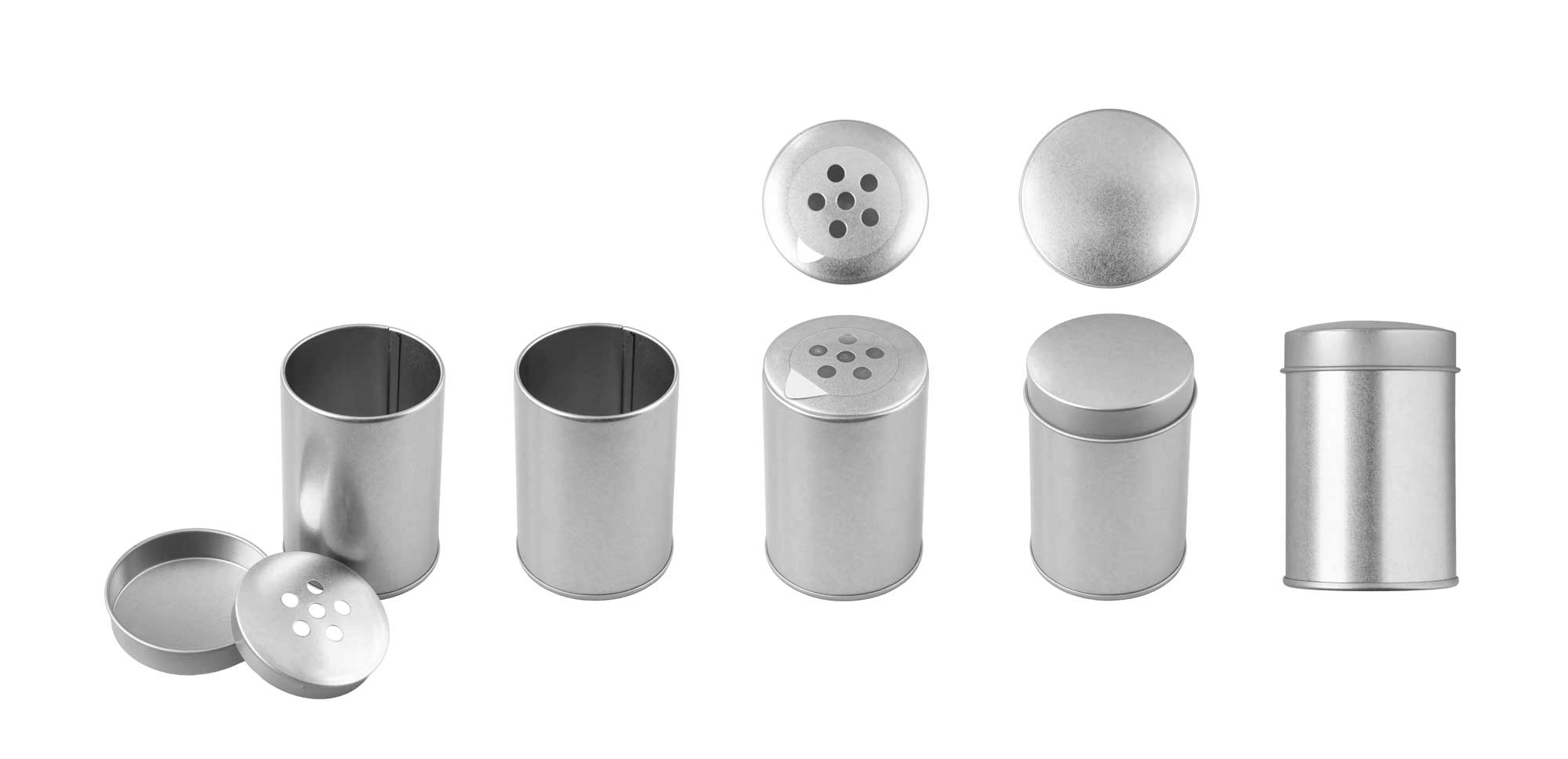 Gewürzstreuer aus Metall mit Dose, Deckel und Streueinsatz in mehreren Ansichten