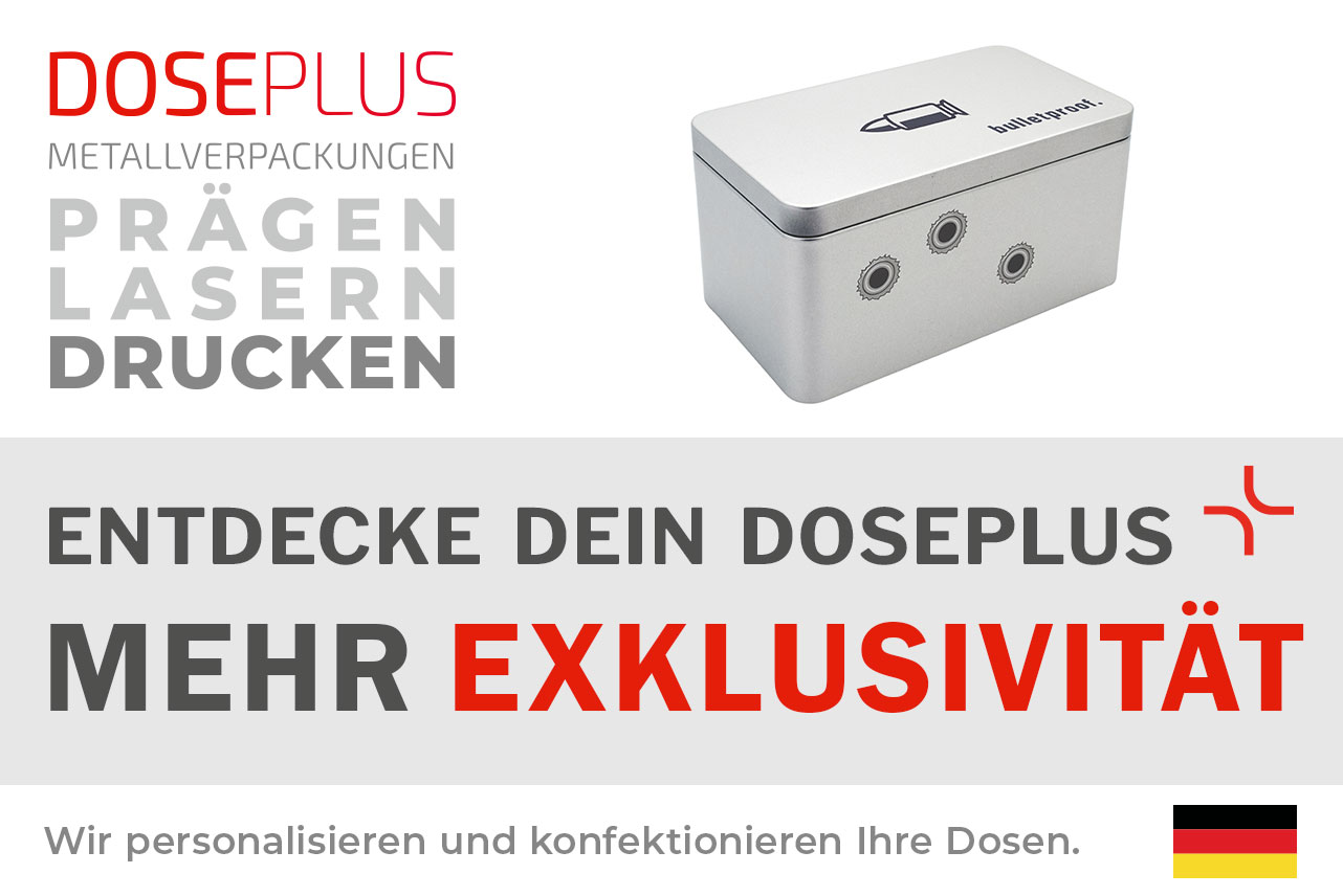Doseplus silberne rechteckige Metalldose mit schwarzem Aufdruck einer Patrone und der Aufschrift „bulletproof.“ sowie drei grafischen Einschusslöchern. Text: „Metallverpackungen prägen, lasern, drucken – Entdecke dein Doseplus, mehr Exklusivität“.