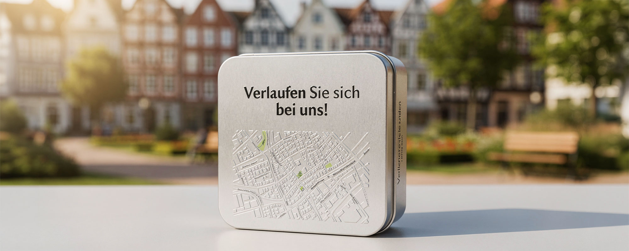 Kleine helle quadratische Metalldose mit Prägung und der Aufschrift „Verlaufen Sie sich bei uns!“ im Vordergrund; im Hintergrund unscharfer Stadtplatz mit Gebäuden, Bäumen und Bänken.