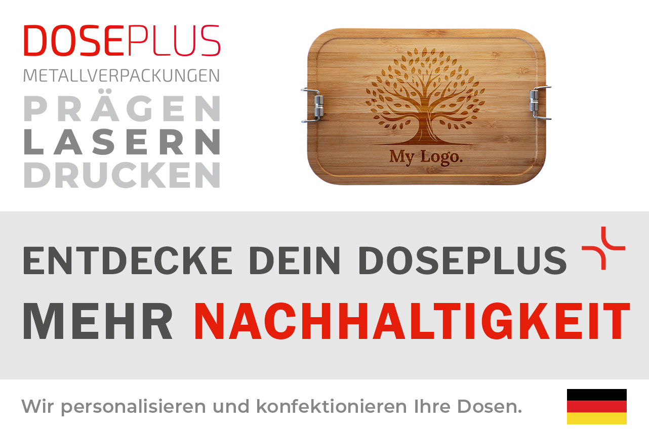 Große Edelstahl-Lunchbox CP BA C8 mit Bambusdeckel – Banner: Entdecke dein Doseplus – Mehr Nachhaltigkeit. Premium-Lunchbox perfekt für Logos, Branding und Gravur.