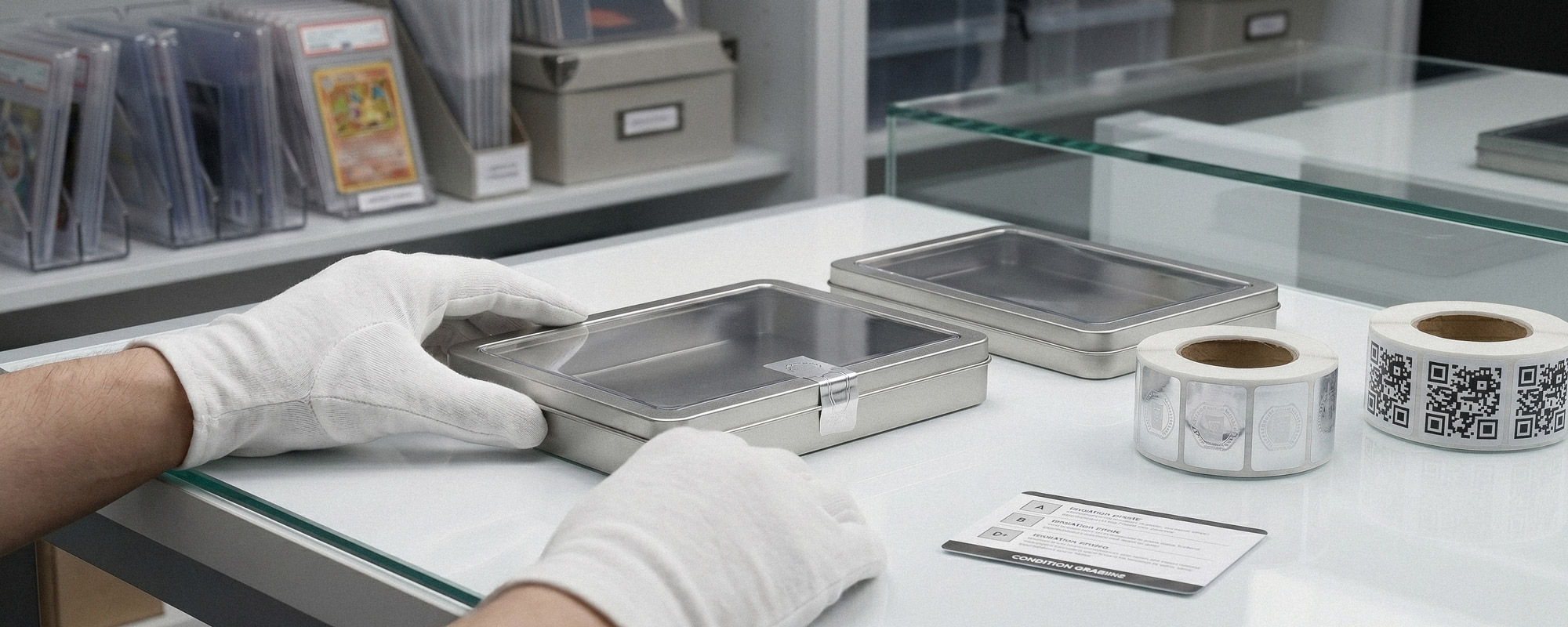 Metalldosen mit Sichtfenster werden für den Wiederverkauf mit Hologramm-Sicherheitsstickern und QR-Code-Etiketten versehen; professionelle Verpackungs- und Qualitätskontrolle.