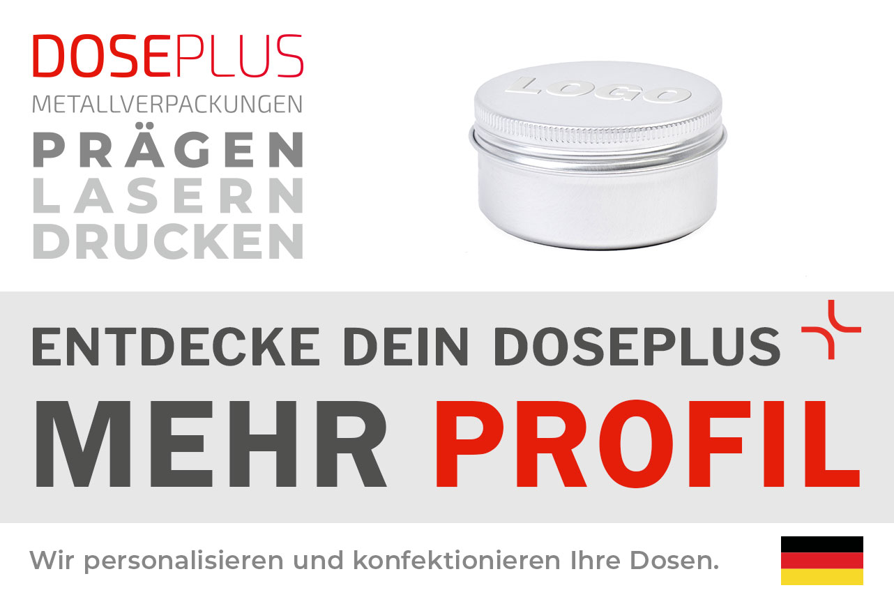 Doseplus Aluminiumdose mit Schraubdeckel – Bannertext: Entdecke dein Doseplus, mehr Profil. Personalisierte Metallverpackungen, geprägt, gelasert, gedruckt.