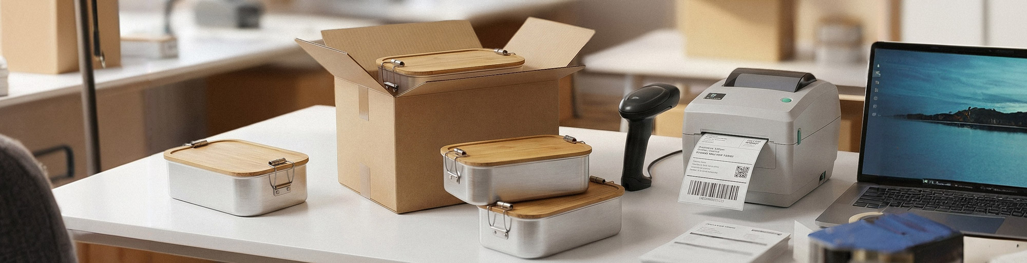 Verpackungsarbeitsplatz mit Metall-Lunchboxen mit Holzdeckeln, Versandkarton, Barcode-Scanner und Etikettendrucker; moderne Aufnahme eines Versandprozesses.