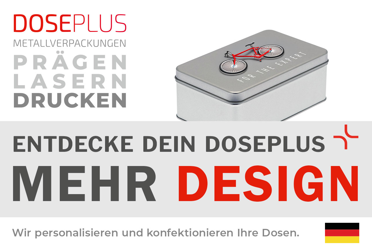 Doseplus silberne rechteckige Metalldose mit Aufdruck eines roten Fahrrads und dem Text „FOR THE EXPERT“. Text: „Metallverpackungen prägen, lasern, drucken – Entdecke dein Doseplus, mehr Design“.